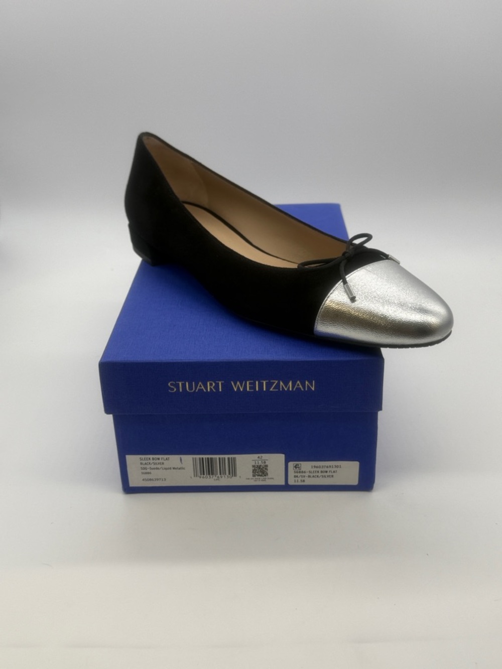 Stuart Weitzman Black Flats with Metallic Silver Cap